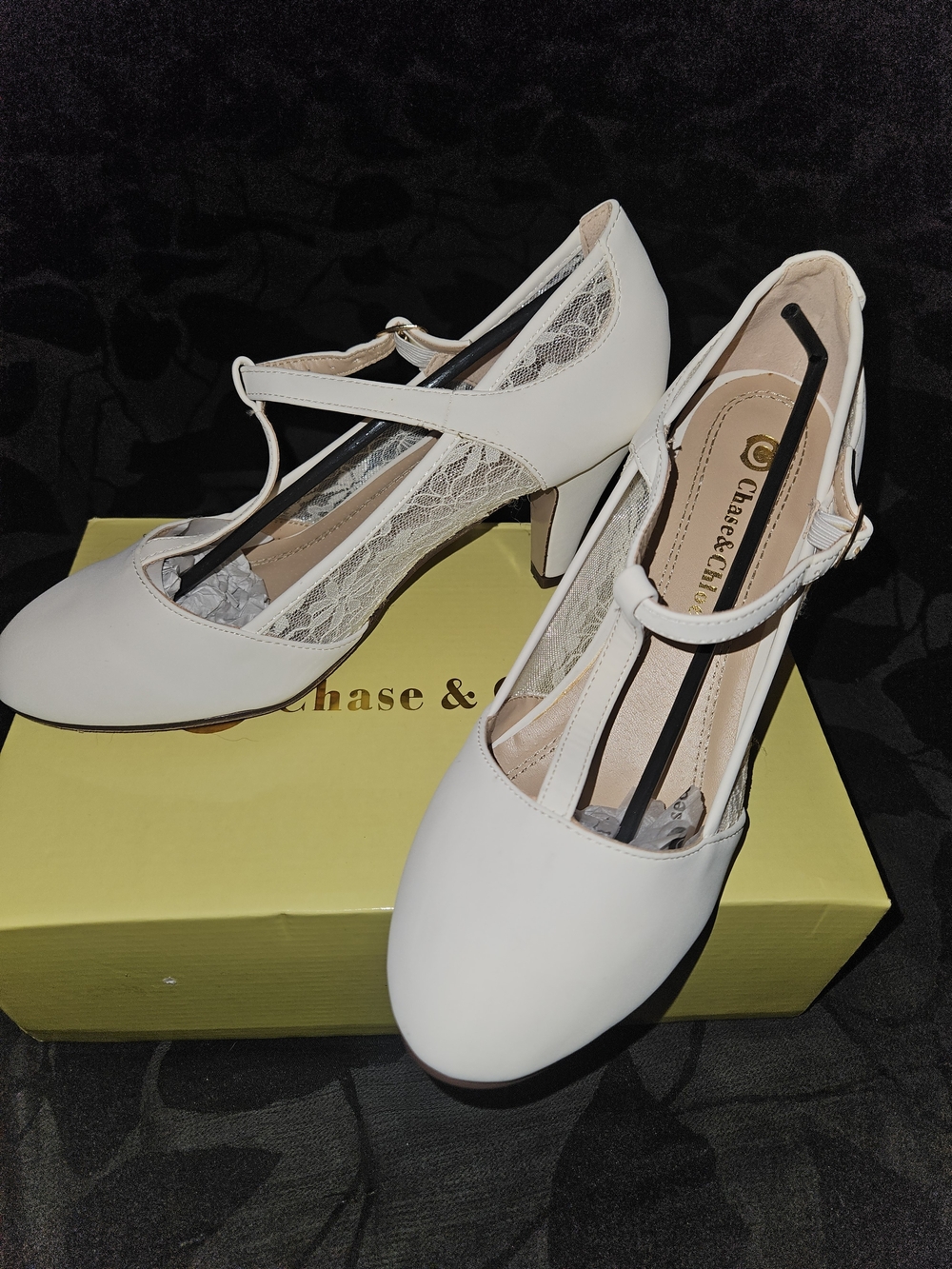 Chase + Chloe Ivory Lace T-Strap Mid Heels